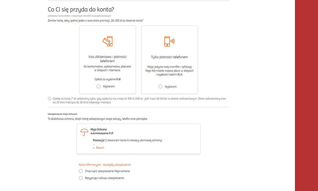 zakładanie konta osobistego w ing banku, wybór możliwości posiadania karty bankomatowej