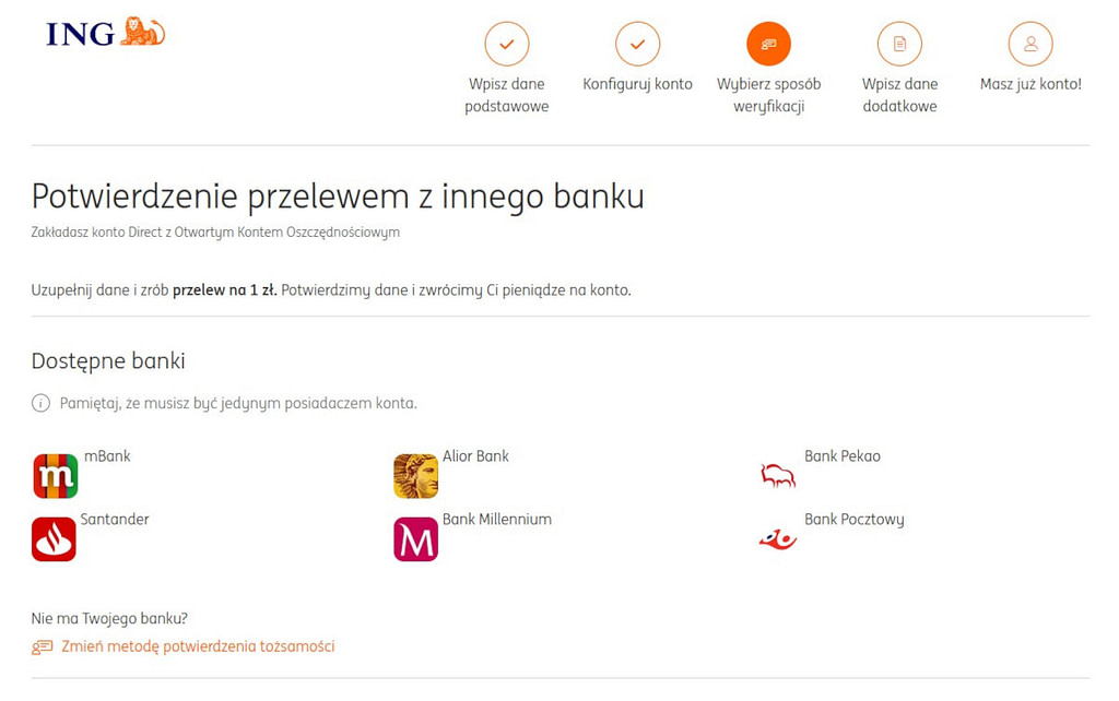 zakładanie konta osobistego w ing banku, dostępne banki z których można wykonać przelew 1 zł. potwierdzający tożsamość.