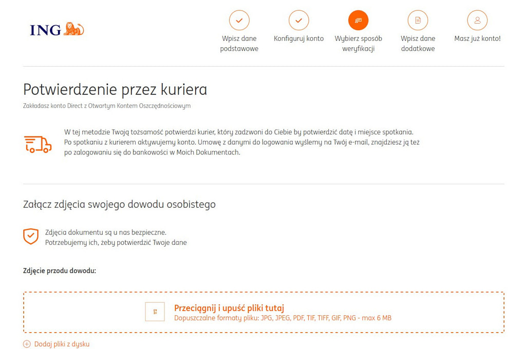 zakładanie konta osobistego w ing banku, formularz załączenia zdjęć dowodu osobistego
