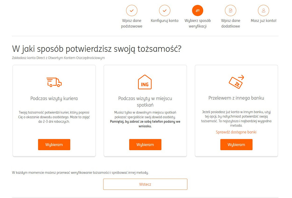 zakładanie konta osobistego w ing banku, wybór sposobu potwierdzenia tożsamości.